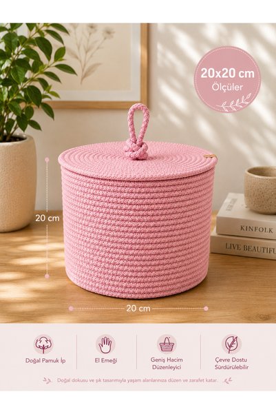 ÖRGÜM Sepet 20x20 Cm Hasır Görünümlü El İşi Dekoratif Kapaklı Düzenleyici Sepet