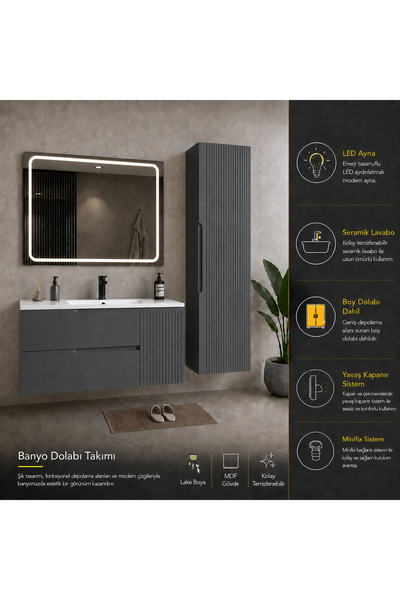 trakya banyo Banyo dolabı seti lake 90'lık seramik lavabo boy dolap ve led ay...