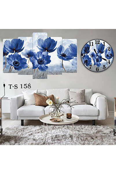 BellaaaModa Çiçekli Dekoratif Desenli Mdf Tablo 5 Parça Set ve Saatli Takım, ...
