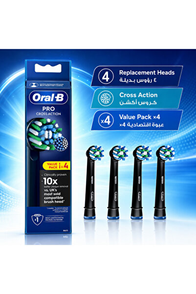 Oral-B رؤوس فرشاة أسنان كهربائية برو كروس أكشن، عبوة من 4 قطع، رؤوس فرشاة سود...