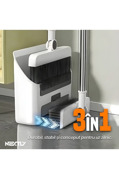 NEXTLY Set mătură, perie și făraș, NEXTLY, Pliabil, cu autocurățare, Gri