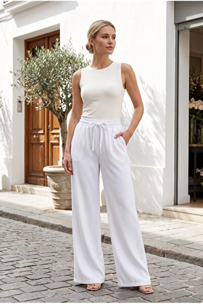 FERHEL Ženske letnje lanene pantalone sa elastičnim strukom, džepovima i širo...