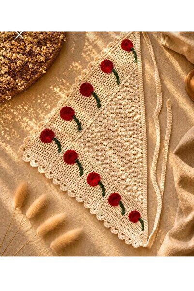 İNCİ ÇEYİZ Crochet Knitted Bohemian Cherry Patterned Bandana (Suitable for Ch...
