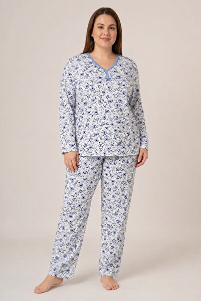 CottonVia Mother's Pajama Set, Ribbed, V-Neck, Floral Printed, Long Sleeve, 1...
