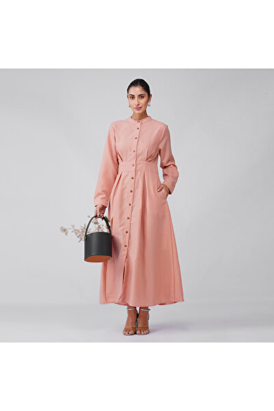 LINELLE Yellow Solid Band Collar Maxi Dress