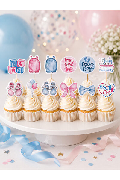 Charmira Store Bebek Cinsiyet Partisi 10+2 Adet Kız Erkek Baby Shower Cupcake...