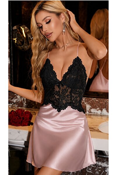 BLACK Women's Satin Nightgown with Lace Detail and Cross Straps Mini Romantic...