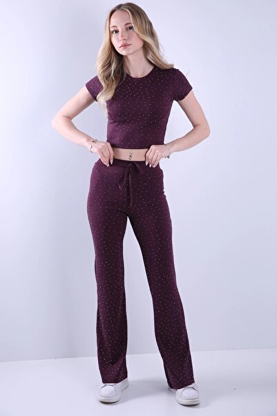 Veni Life Short Sleeve Body Spanish Style Stone Detailed Top and Bottom Two-P...