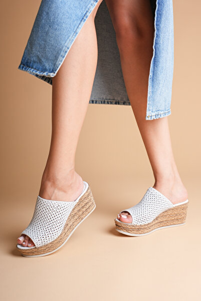 ANALİN SHOES Women's Genuine Leather Perforated Wedge Heel Slippers - White