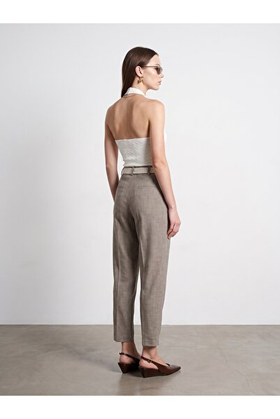 Dilvin 72729 Keten Karışımlı Kemerli Pantolon-Bej