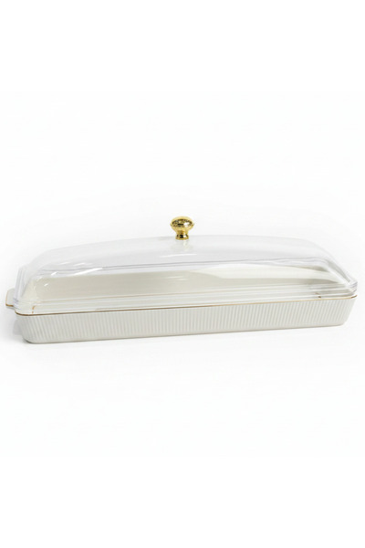 AKDC Christian Verucci Rectangle Off-White Ceramic Flat Plate with Clear Acry...