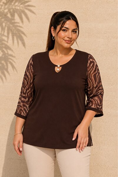 FOR ESRA BIG TREND Women's Plus Size Sleeve Patterned Tulle Collar Hollow Out...