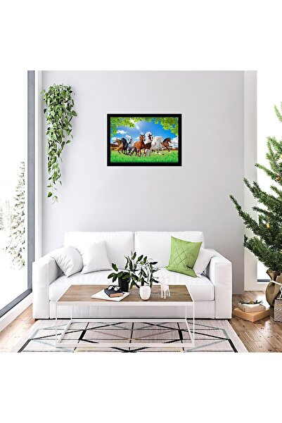 HOME MODE Vastu Runing Seven Horses Painting With Frame 13 Inches X 10 Inches...