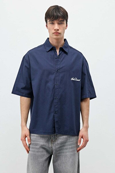 VAMOSCLO Oversize Text Printed Short Sleeve Shirt Navy Blue