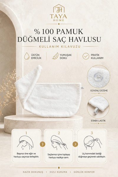 TAYA HOME 100% Cotton Hair Drying Cap Buttoned Towel Hair Cap Fast Absorbent Bath Shower Hair Towel