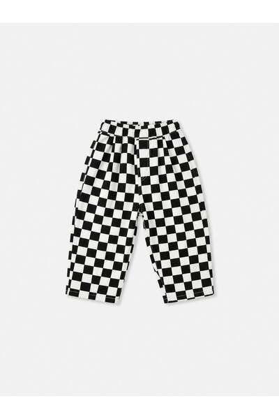 Magu Children's Cotton Black and White Checkered Patterned Trousers