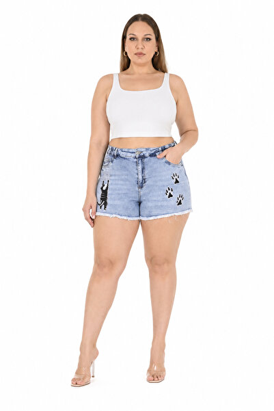 ZANESSİ FASHION Zanessi Large Size Denim Shorts Cat Embroidery Cotton Elastan...