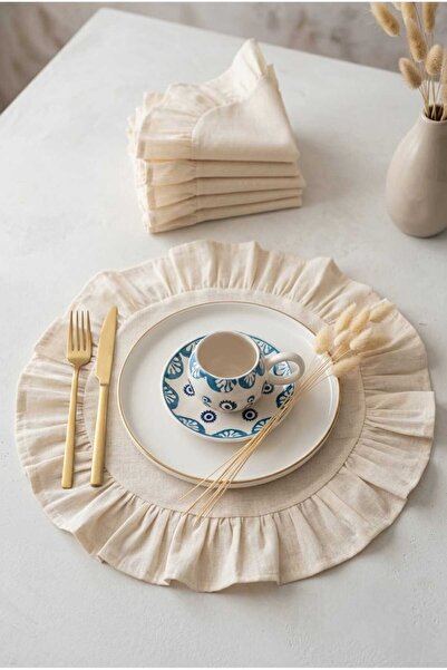 Luxoras Home soft keten Fırfırlı Vintage 6'lı Yuvarlak Amerikan Servisi