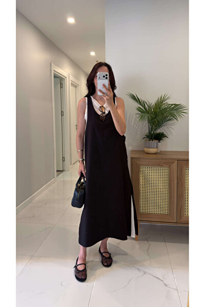 BİRCANÇİL Pokles Kahve Self-Piece Sleeveless Linen Dress