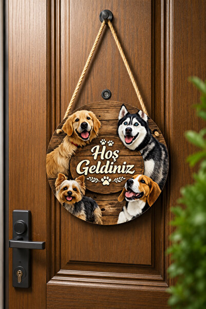 SHELİFE Welcome Door Ornament with Dog Figure Round Decorative Door Panel Wooden