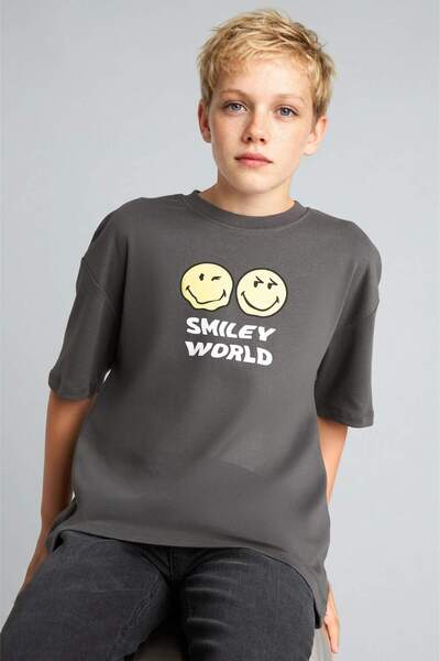 DeFacto Smiley World Oversize Μπλουζάκι με κοντό μανίκι ανθρακί για αγόρια H8...