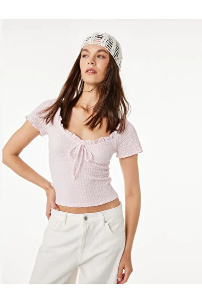 Koton Ruffle Detailed Textured Bow V-Neck Short Sleeve Blouse