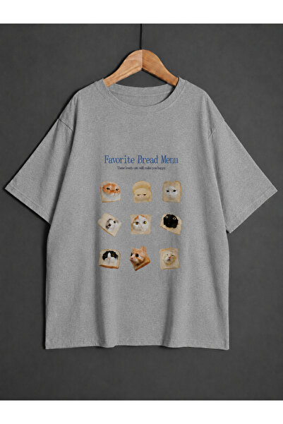 ZİYMO Unisex Cat and Bread Printed Oversize T-Shirt