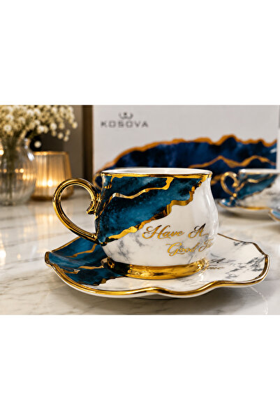 Kosova Premium Porselen 6 Kişilik Türk Kahvesi Fincan Takımı Mavi Mermer Dese...