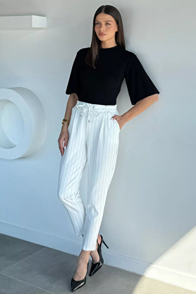 Aryena Cream Women's Elastic Waist Striped Patterned Trousers