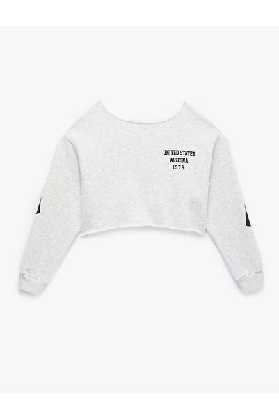 Koton Ruffled Comfortable Fit Boat Neck Long Sleeve Crop Sweatshirt