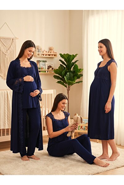 Lohusa Homewear New Season Navy Blue Wide Strap Buttoned Design Lace Detailed...