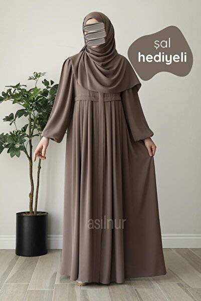 ASİLNUR Meva Pleated Ferace Shawl Gift Set Mink