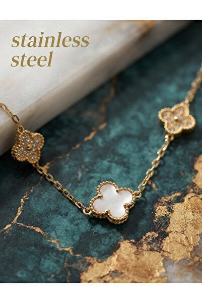 stainless steell سلسلة فولاذية 316L ذهبية اللون مع حجر الزركون الأبيض وقلادة ...
