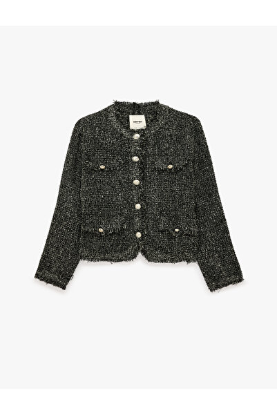 Koton Buttoned Pocketed Long Sleeve Crew Neck Tweed Jacket
