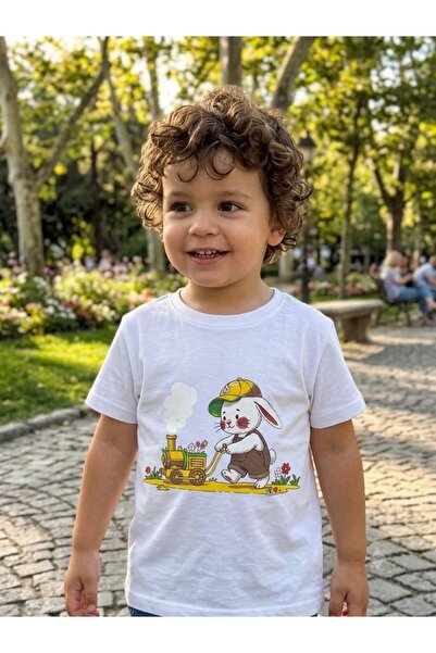 ecrin kids Çocuk Beyaz Tavşan ve Tren Baskılı Pamuklu Kısa Kollu Tişört