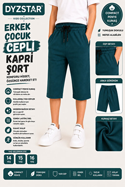 DYZSTAR Erkek Çocuk Cepli Kapri Şort Petrol Yeşili Compact Penye Rahat Kalıp ...