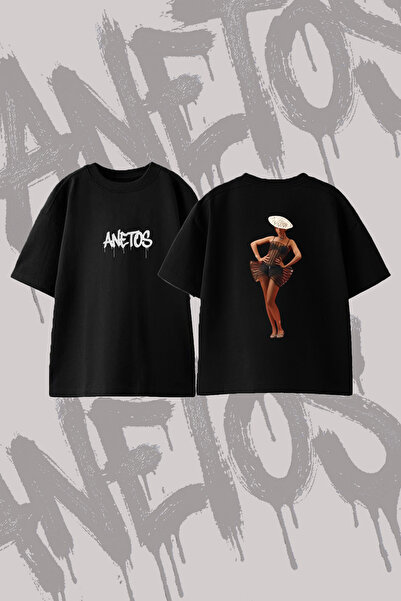 Anetos Lady Gaga Design Printed Oversize Crew Neck T-Shirt Black