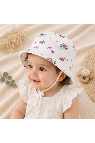 Minimissbaby Pink Floral White 2 Layer Muslin Baby Girl Kids Bucket Hat