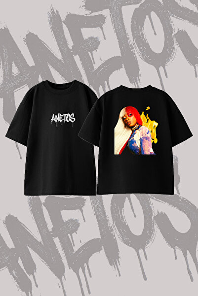 Anetos Megan Todoroki Design Printed Oversize Crew Neck T-Shirt Black
