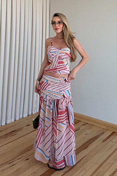 Laluvia Multicolored Patterned Pleated Blouse and Pants Set - 8570