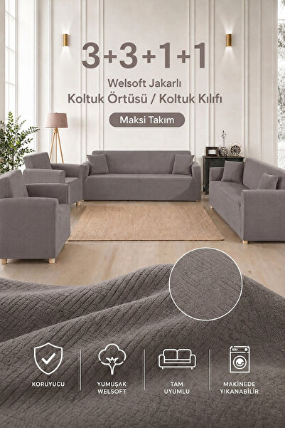 Softlife Welsoft Jakarlı 3+3+1+1 Maksi Koltuk Örtüsü Koltuk Kılıfı Takımı | Y...