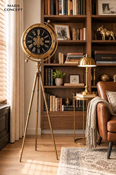 MARS CONCEPT Eskitme Metal Çarklı Tripod Saat │Eskitme Altın Modern Salon Yer...