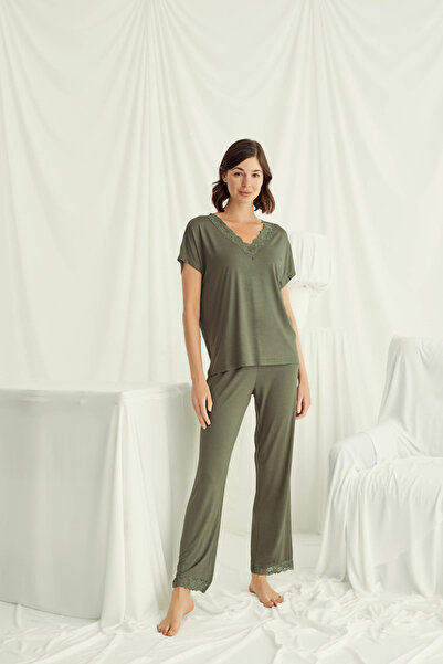 MONAMİSE Dantelli Çeyizlik Women's Khaki Viscose 2-Piece Pajama Set - V-Neck ...