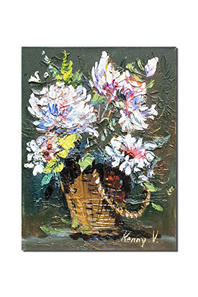 artnova Tablou crizanteme stilizate pictat manual, 40x30cm acril pe panza in ...