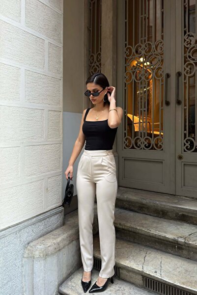 MyLoore Women's Beige Elastic Waist High Waist Fabric Trousers Mlb213