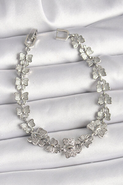 ARMÜZ Brass Silver Color Zircon Stone Butterfly Model Chain Women's Bracelet