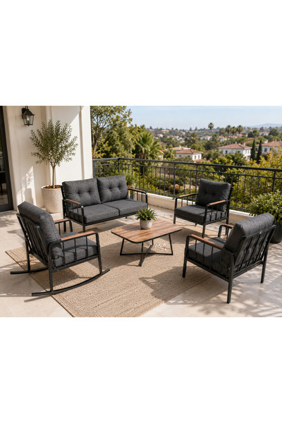 todek home Liva Nesta Konfor Bahçe Balkon Seti Siyah Metal İskelet Sallanır K...