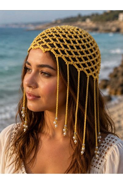 BEGİN Yellow Hand Knitted Bohemian Mesh Bandana Beaded Festival Hair Accessory