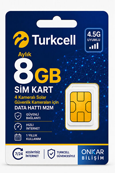 Onkar Bilişim Turkcell Her Ay 8 gb Sim Kart 1 Yıllık Tek Ödeme Data m2m Hattı...
