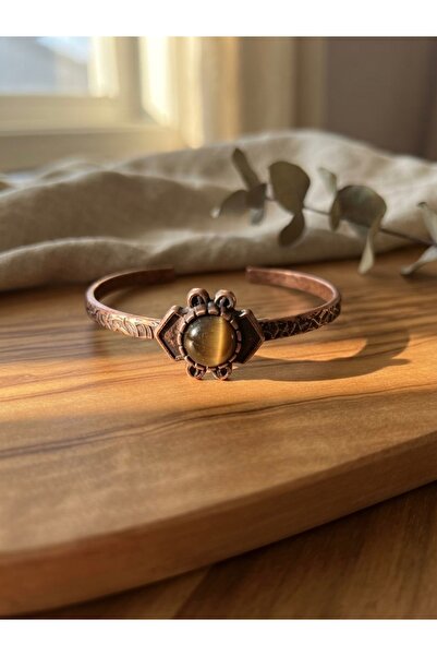 Meneva Aksesuar Elegant and Adjustable Copper Bracelet with Brown Cat's Eye N...